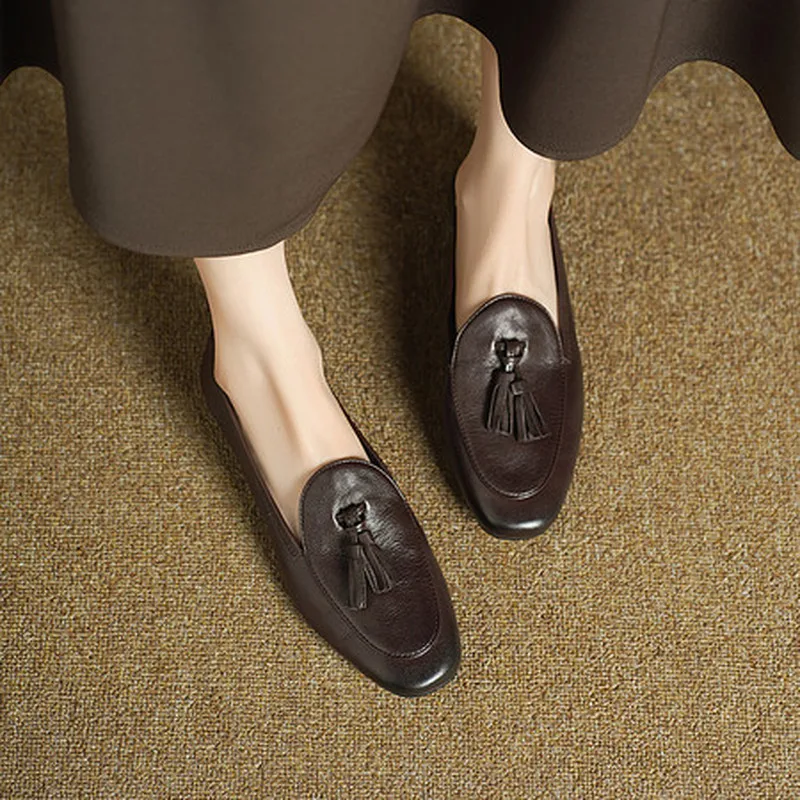 Round Toe Tassel Slip On Loafers Women Washed Cowhide Leather 1cm Flat Heel All Season Vintage Casual Office  FootwearF476