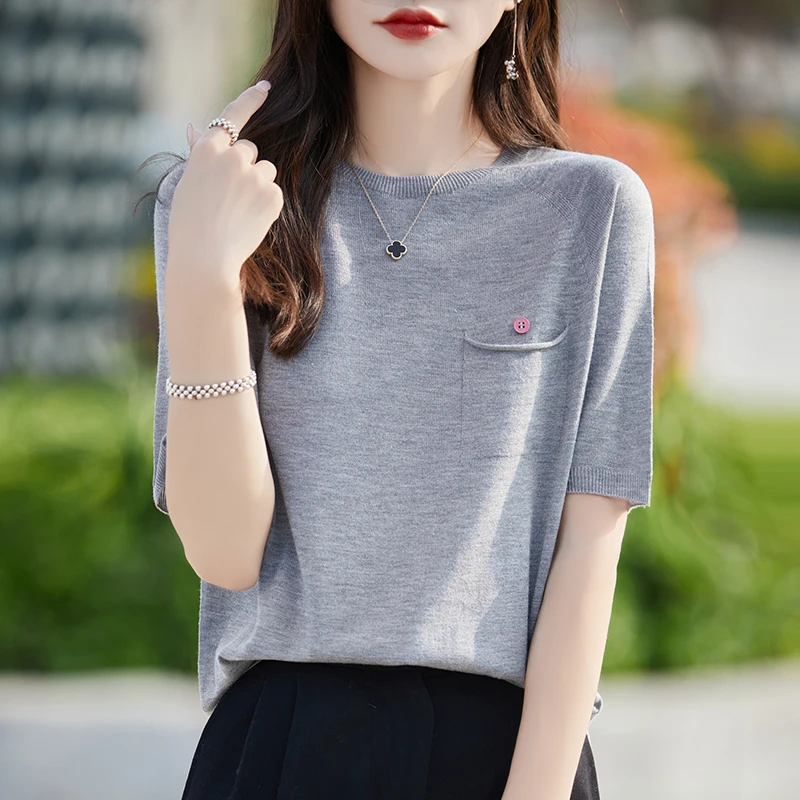 

Women's T-shirt Summer Worsted Wool Sweater Short Sleeve Casual Solid Knitwear Round Neck Ladies' Tops Loose Pullover Tees Pock