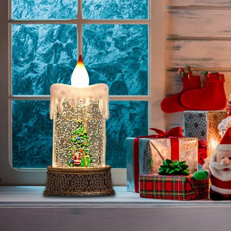 Snow Globe Candle Resin Snowfall Battery Powered Snow Globe Vintage Lantern Candle Decor Decorative Christmas Decorations
