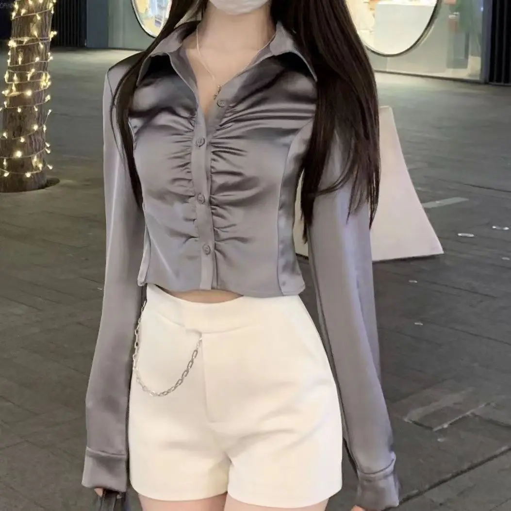Fall Short Sleeveless Women's Shirt Pure Color Pleated Sexy Design Single Button High End Polyester Fiber Slimming Effect Dai...