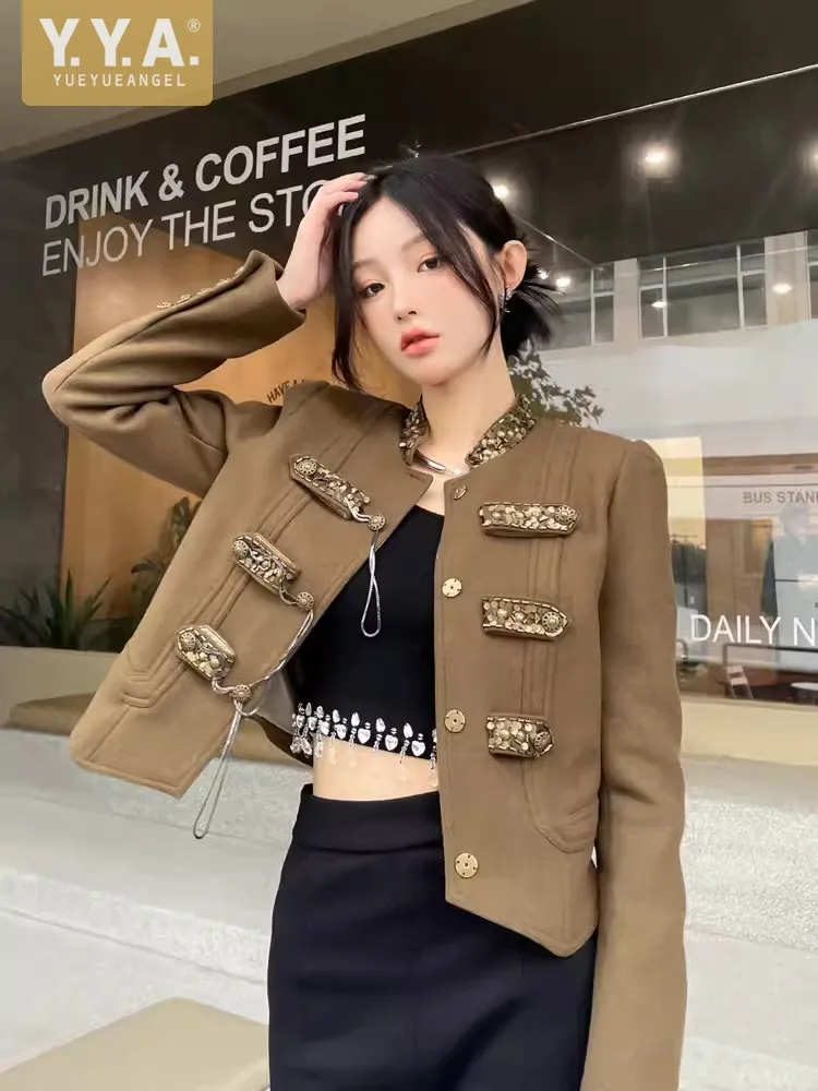 

Spring New Women Woolen Jacket Stand Collar Sequined Beading Office Ladies Work Coat Vintage Army Green High Quality Wool Jacket