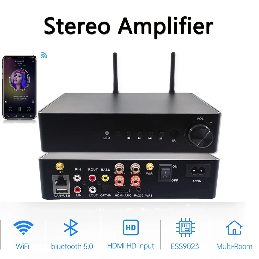 

WA60 60W*2 ESS9023 WiFi and Bluetooth HiFi Stereo Class D Digital Multiroom Amplifier with Spotify Airplay Equalizer Free App