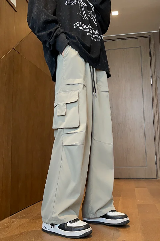 

Мужская одежда, весенне-осенние однотонные эластичные повседневные брюки-карго с карманами и высокой талией, широкие модные брюки, винтажные брюки