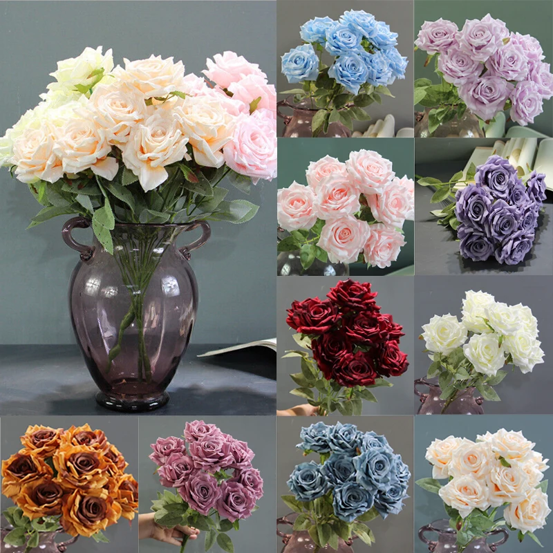 

New 9 Heads Simulation Rose Bouquets Wedding Party Bride Holding Flowers Valentine's Day Birthday Bouquets Party Home Decoration