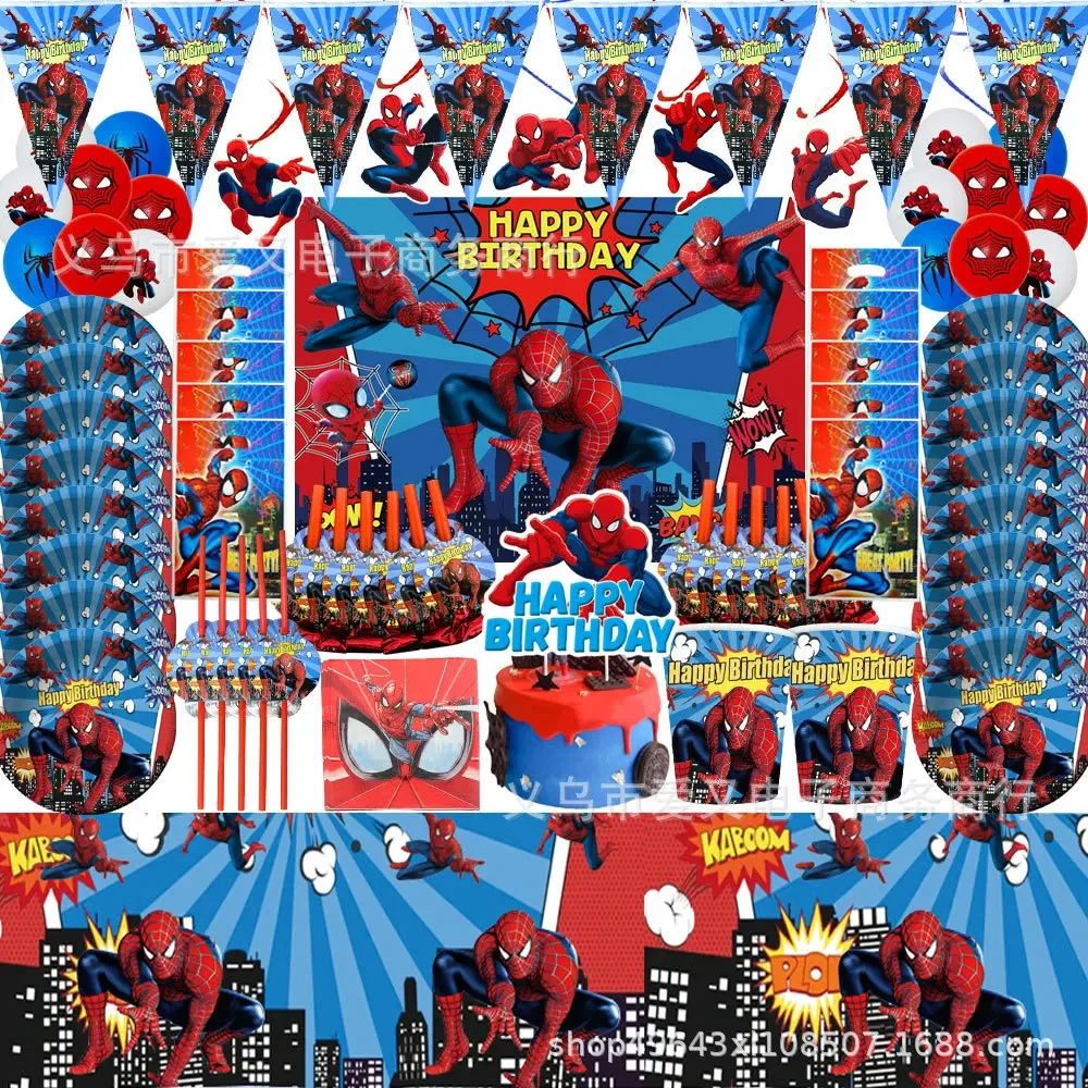 

Disney Red Spidermans Boys Birthday Party Supplies Tablecloth Plates Cups Napkins Knives Forks Spoons Tableware Decoration Props