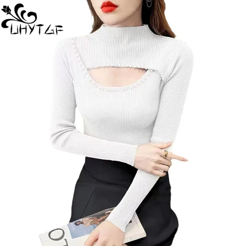 

Long Sleeves Sweater Women 2023New Sexy Hollow Beaded Half-Turtleneck Sweater Female Fashion Elastic Slim Knitted Top Ladies 455