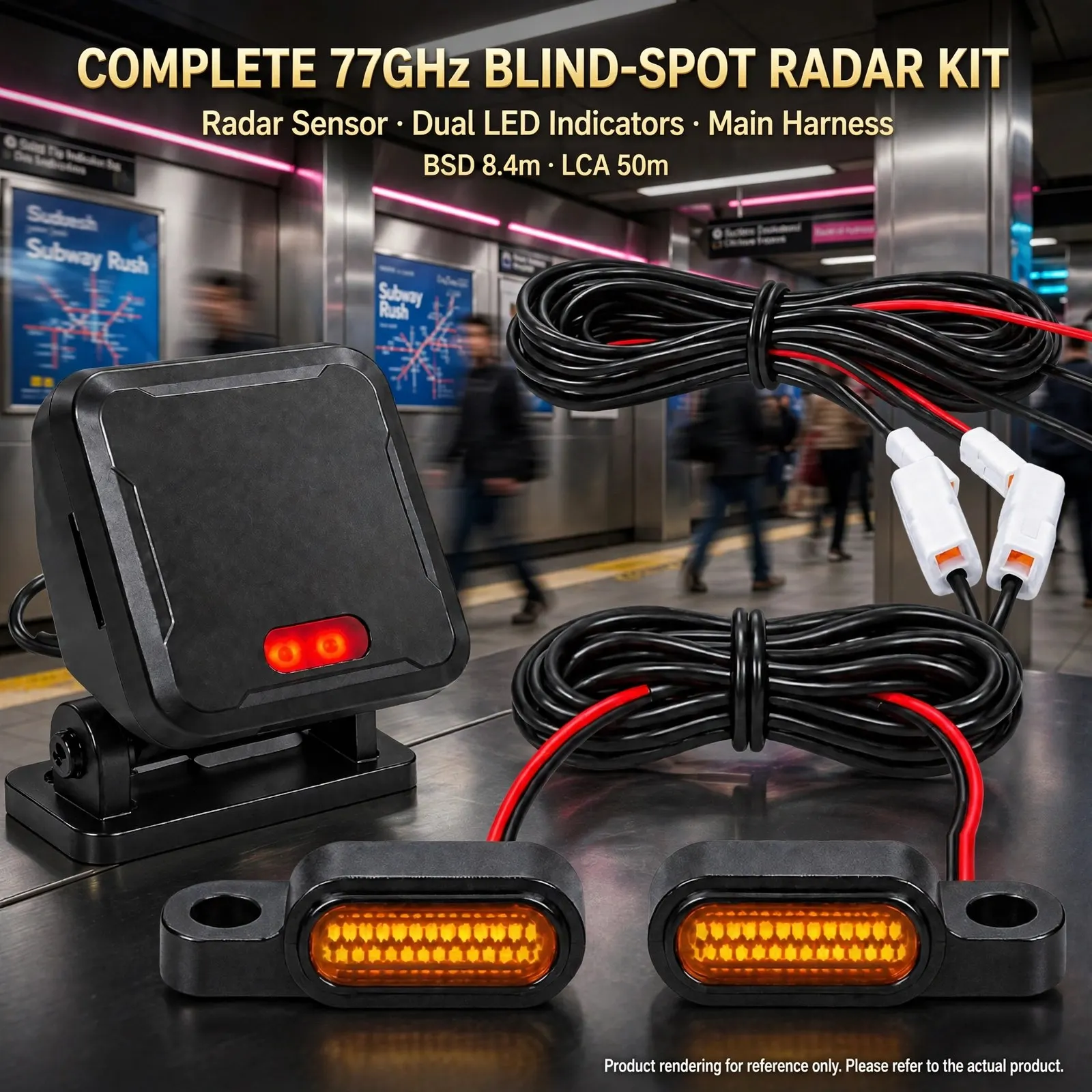 77GHz Motorcycle Blind Spot Monitoring System – Radar with Dual LED Indicators, Up to 70m Rear Detection, BSD 8.4m, LCA 50m with