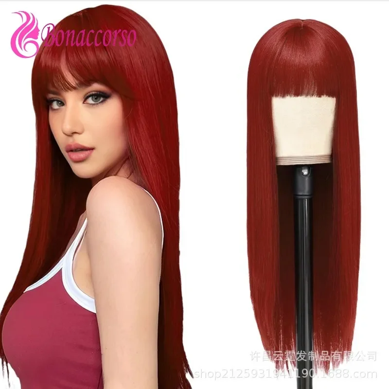 Wine Red Blunt Bangs Long Straight Wig Cosplay Synthetic Wig Anime Coser Cute Girl Heat Resistant Fiber Wig Halloween Party