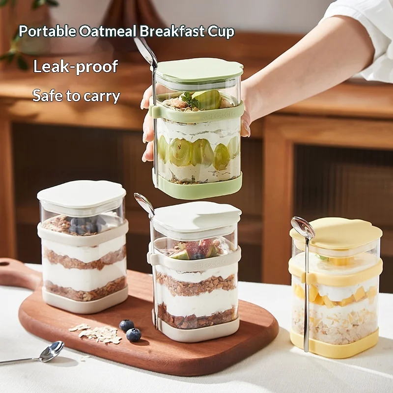 600ml Portable Glass Breakfast Special Cup Overnight Oat Cup with Lid and Spoon Milkshake Soaked Cereal Fruit Yogurt Bowl
