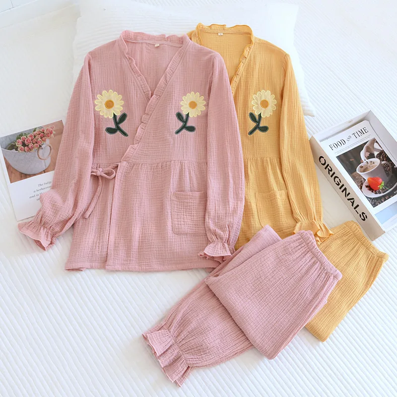 Spring and summer new Japanese kimono two-piece set ladies 100% cotton crepe pajamas long-sleeved trousers set loose home wear