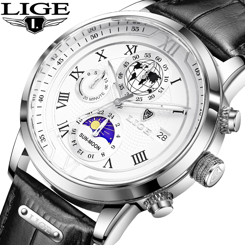 LIGE Fashion Luxury Quartz Man Watch Man Casual Sports Men's Watch Earth Leather Military Waterproof 24H Moon Phase Reloj Hombre
