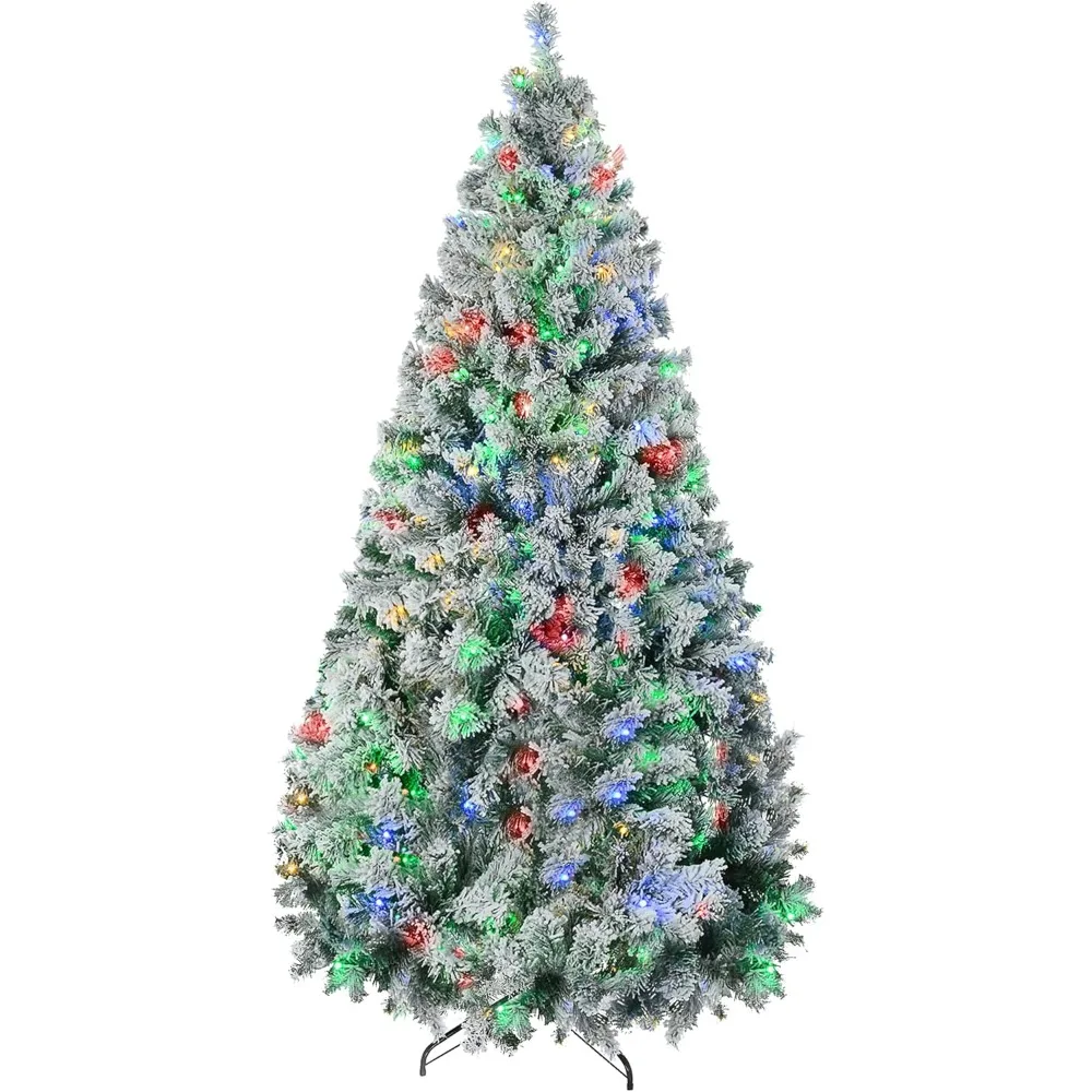 9ft Tall Prelit Artificial Christmas Tree Holiday Décor with 1939 Snow Flocked Branches, 900 Warm White or Colorful LED Lights