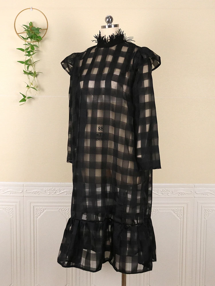 Plus Size Black Long Dress Plaid See Though Long Sleeve Midi Dresses Summer Autumn High Street Evening Party Club Outfits 2023