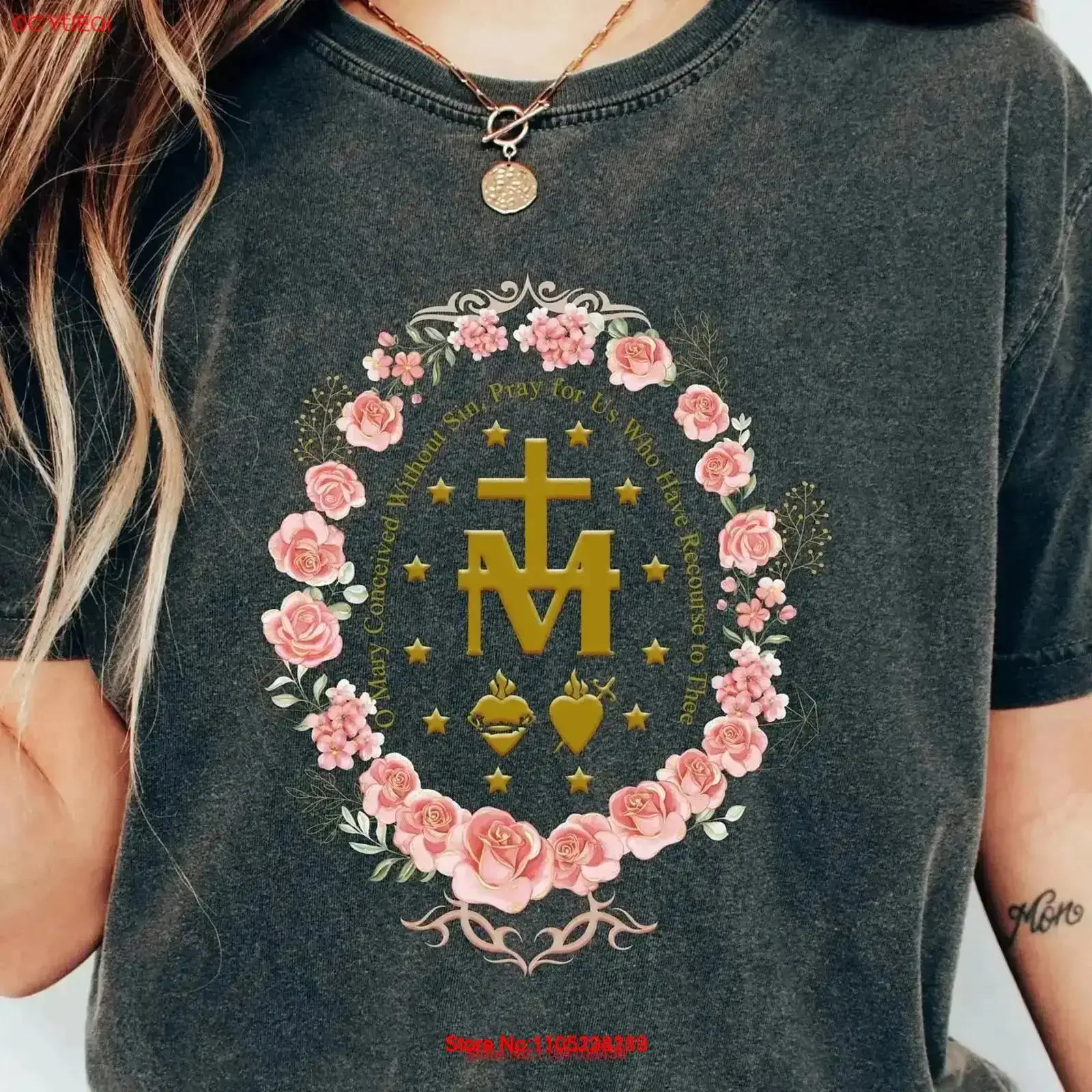 Camiseta católica de Marian Virgen María para mujer SweaT Cruz Floral Religioso vintage Lavado moda Ropa de diseñador suave