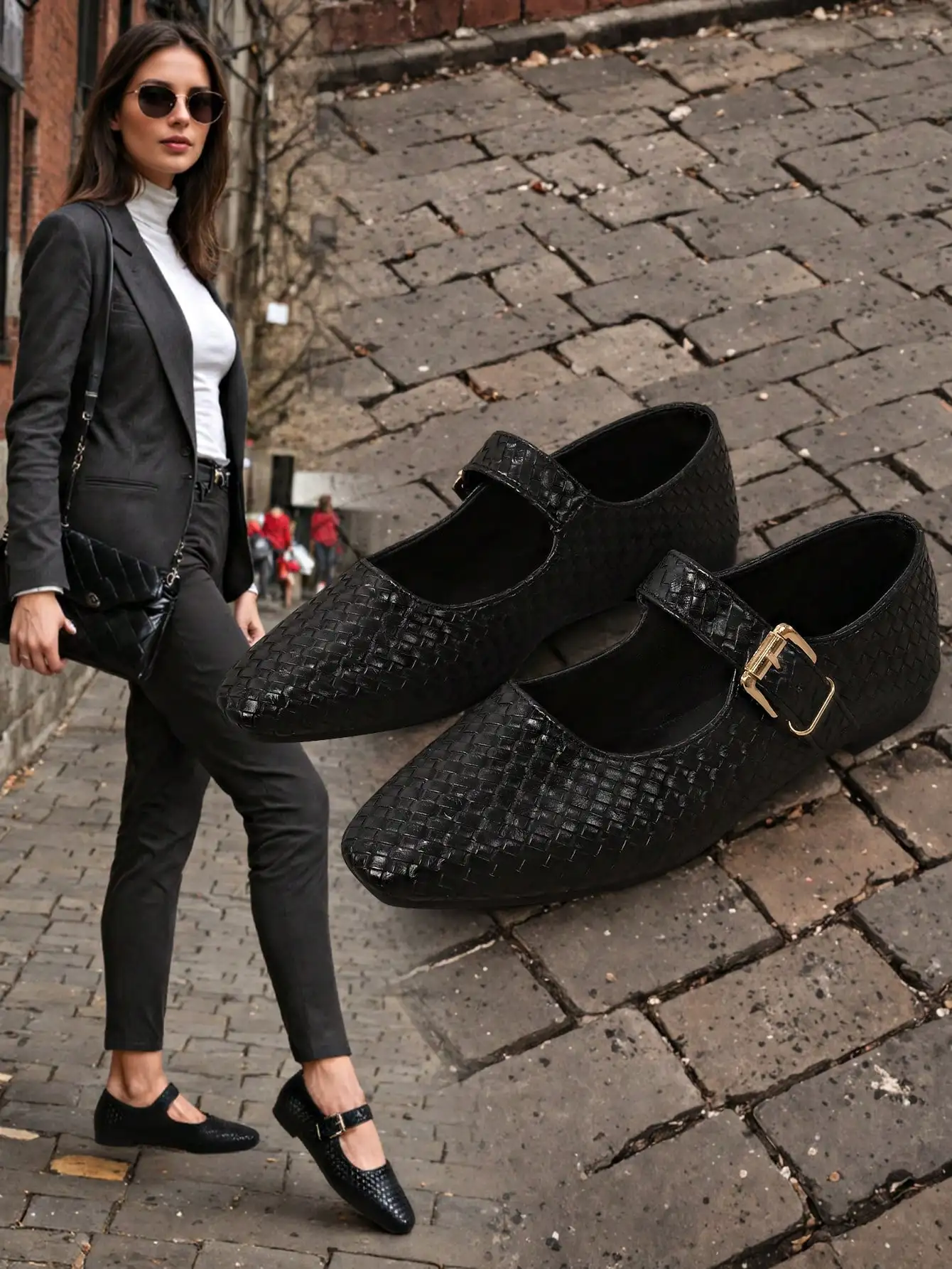 2025 Autumn Women's Flat Shoes, Fashionable Year-Round Metallic Buckle Black Woven Pattern Ballet Flats, Weddings, Walking, Work, Vacation, Parties，sx2411154213579021