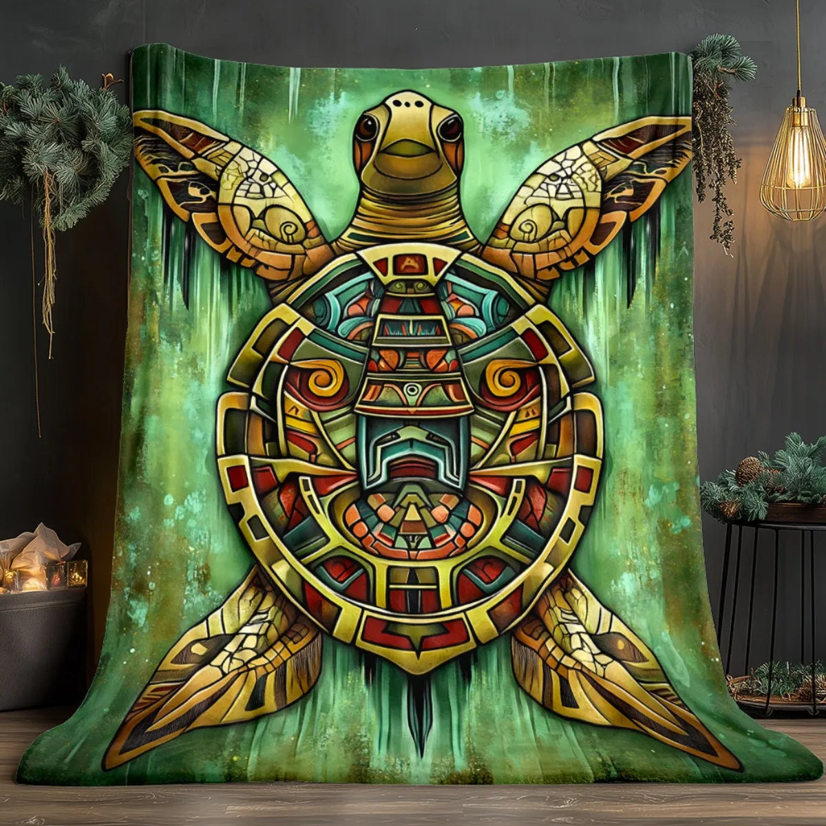 

Зеленое флисовое одеяло с этническим рисунком черепахи в стиле бохо, дизайн животного, мягкое покрывало на кровать, художественное украшение для дома