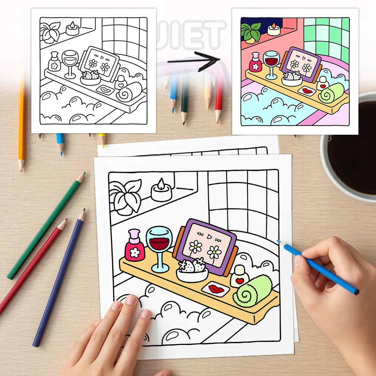 大人向けの静かな時間の塗り絵ブック、リラックスのための大胆で簡単なパターンが特徴、子供向けの教育用DIYペイント・ドローイングブック