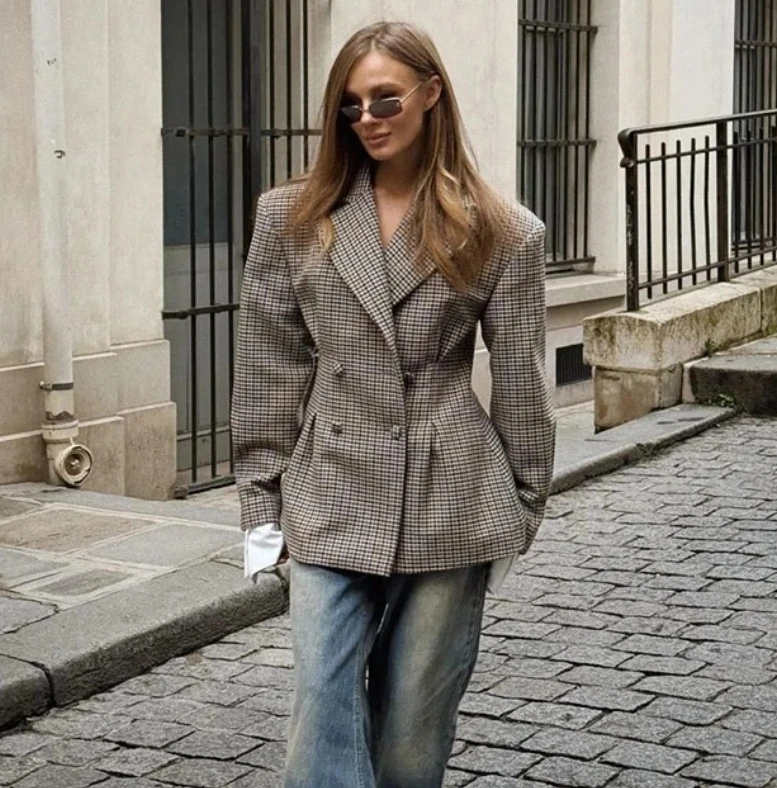 

Новый модный блейзер в клетку с завышенной талией, сексуальный ретро-стиль, профессиональный, формальный, уличный, женская одежда