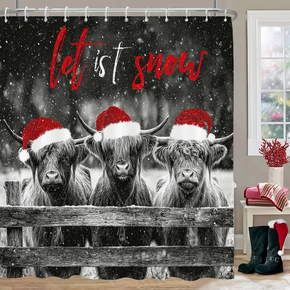 

Merry Christmas Shower Curtain with Hooks， Christmas highland cattle Shower Curtain home for decoration Curtain