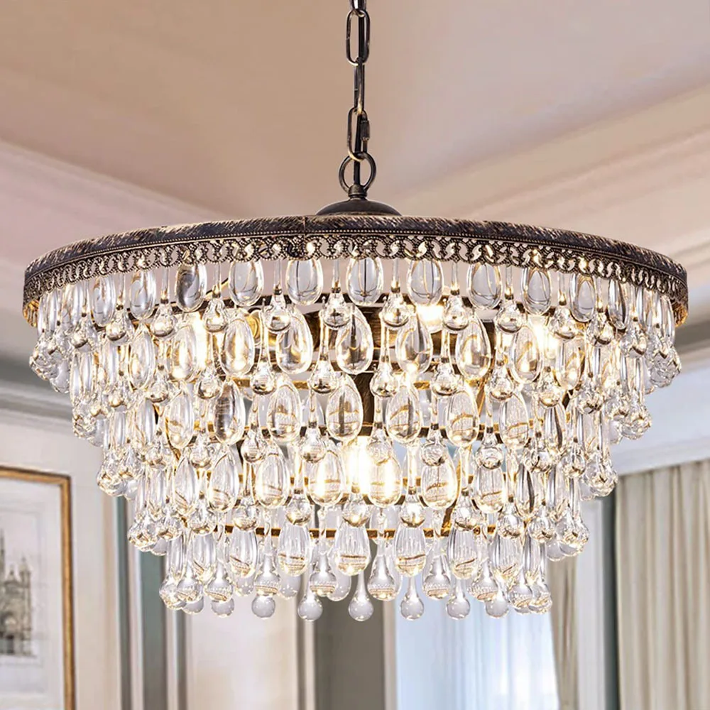 

Vintage Big Glass Drops Led Crystal Iron Lustres Люстры Подвески Современные E14 Висячие лампы для кухни Гостиная Спальня
