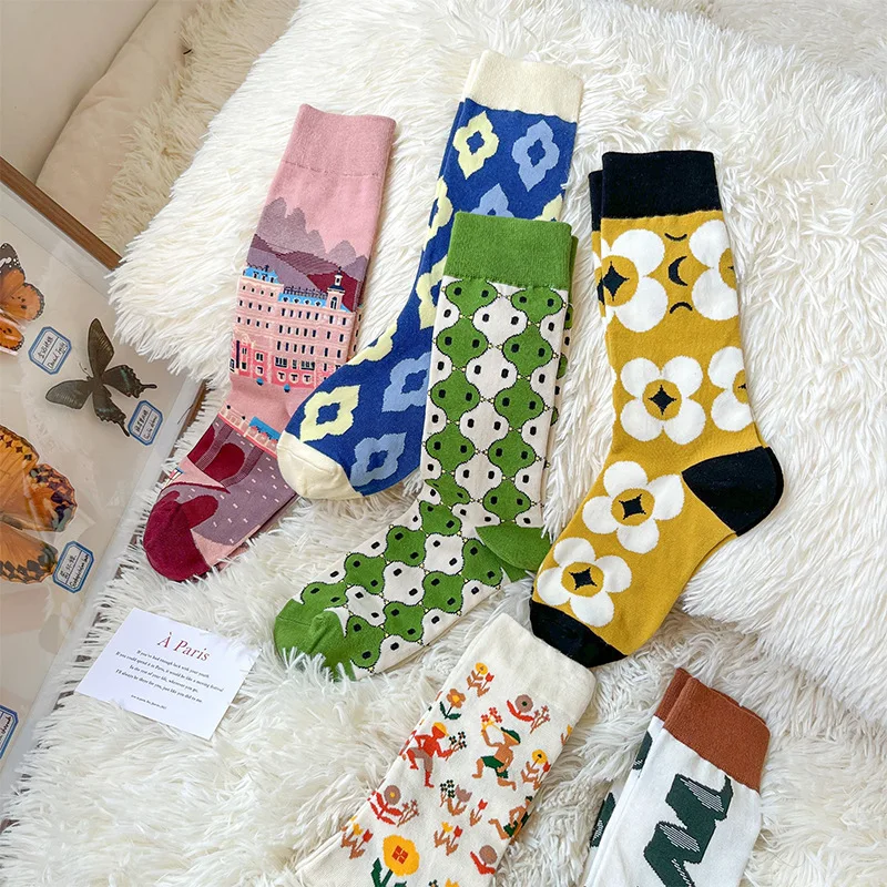 1Pack/4 Pair Woman Man Autumn Winter Socks Soft Cotton Artistic Couple Socks Famous Oil Painting Series Long Socks with Box Gift