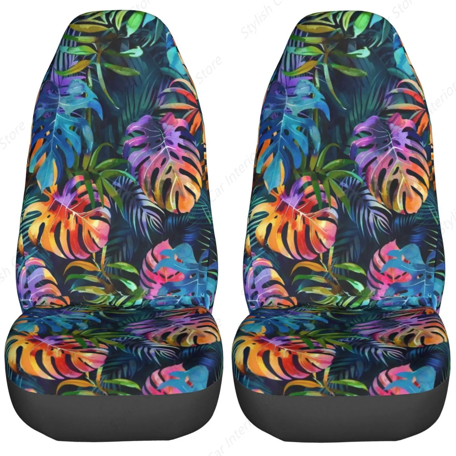 

Красочные чехлы на автомобильные сиденья с тропическими пальмовыми листьями, универсальные 2-компонентные чехлы на передние сиденья автомобиля, подходят для большинства автомобилей, внедорожников, седанов, грузовиков