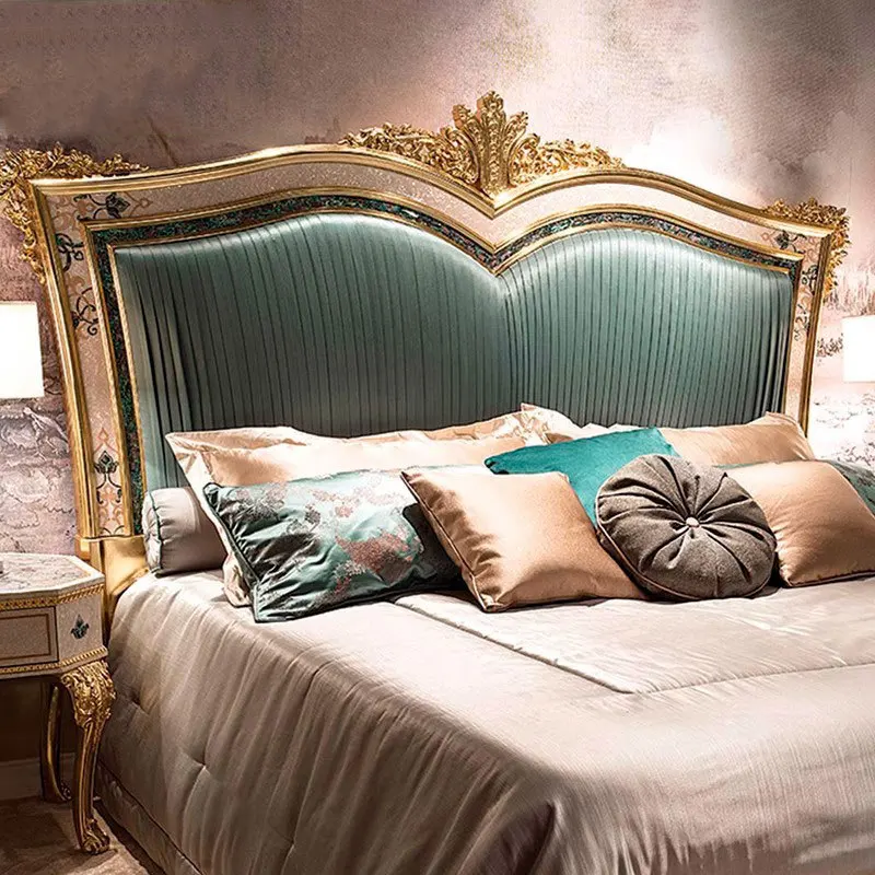 French Court Luxury Shell Parquet Princess Bed European Luxury Villa Master Bedroom Gold Foil Carved Solid Wood Double Bed