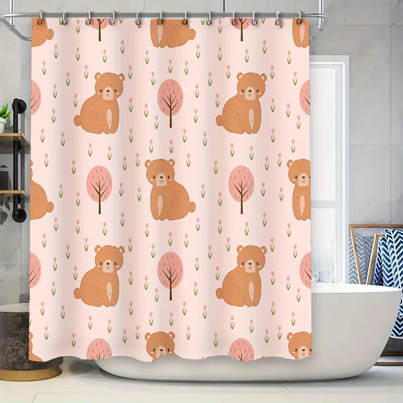 

Cute Pink Bear Shower Curtain with Tree Flower Print for Bathroom Decor, Modern Waterproof Fabric Bath Mat Cover Light Pink Colo