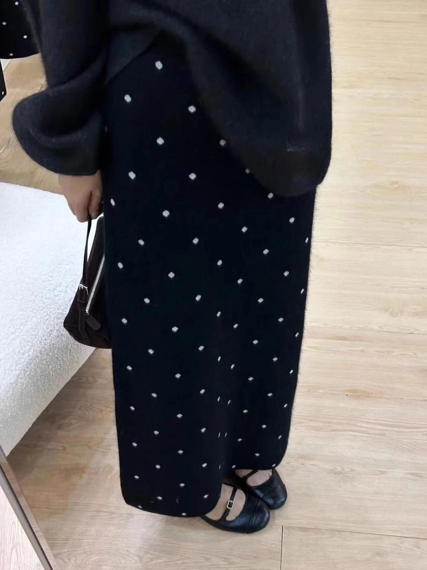 

Прямая трикотажная шерстяная юбка в горошек с высокой талией и оберткой из кроличьего меха, женская теплая юбка без разрезов средней стрейч