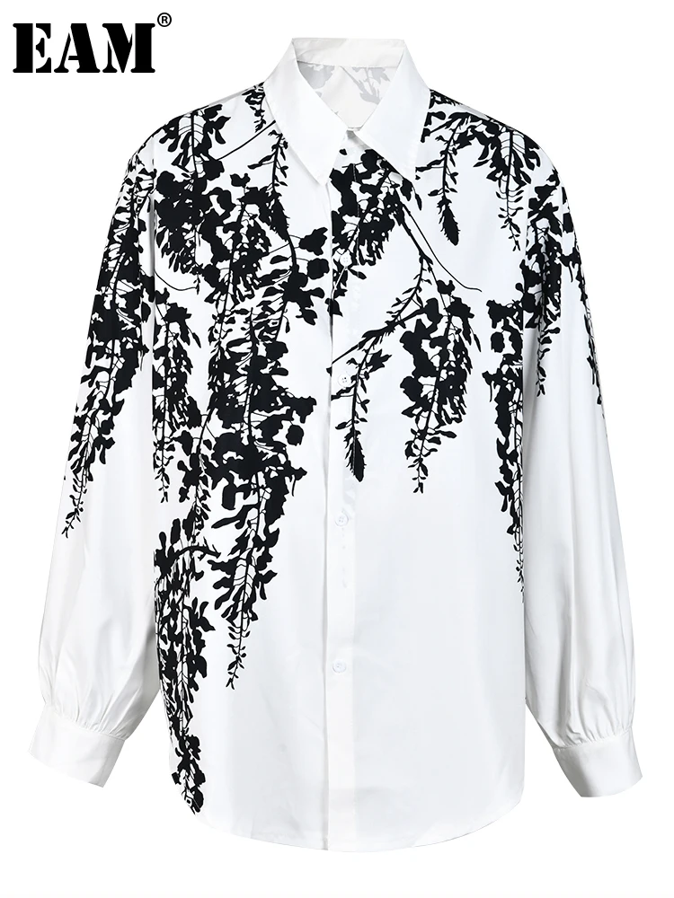 [EAM] Women White Printed Big Size Elegant Blouse New Lapel Long Sleeve Loose Fit Shirt Fashion Tide Spring Autumn 2024 1DH1553