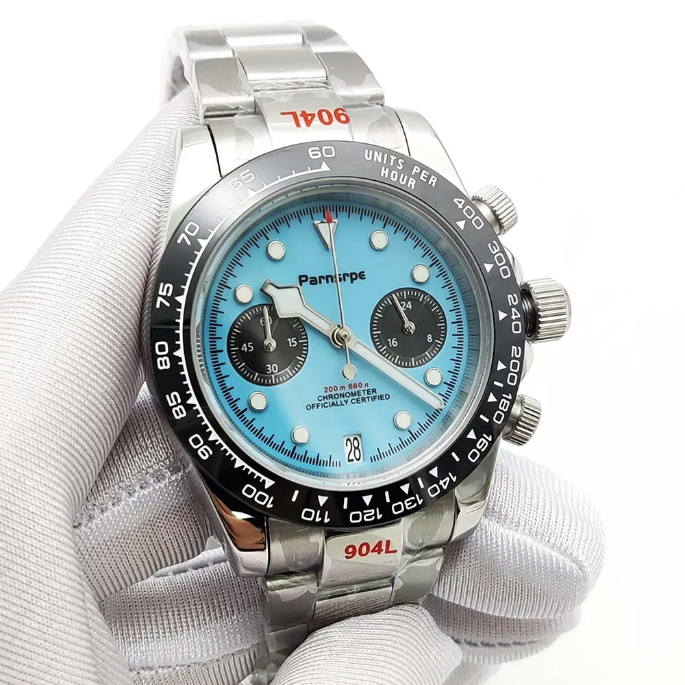 Parnsrpe - ساعة كوارتز رياضية كاجوال للرجال، حركة Vk64، زجاج ياقوتي، قرص أزرق معقم بتقويم