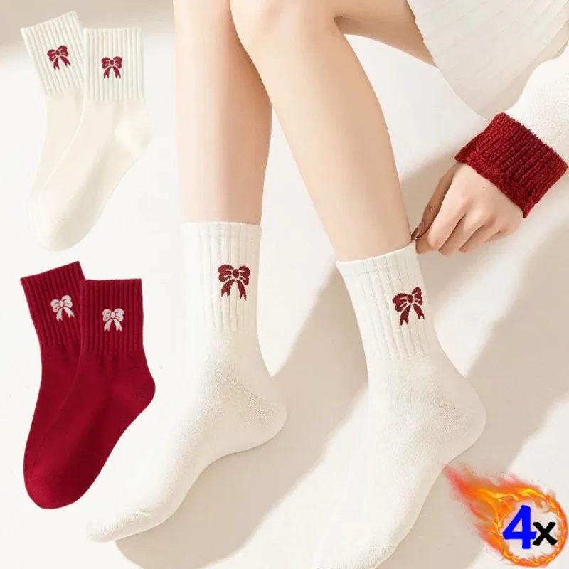 

Korean Ankola Red White Bow Cotton Socks Stylish Ankle Socks Retro Elastic Cuff Medium Sock for Sweet Girl Sport Winter Hosiery