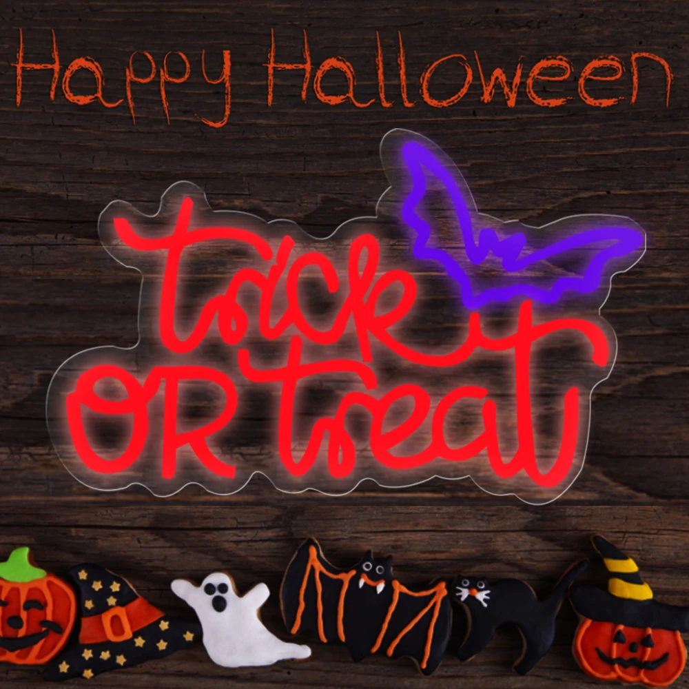 Halloween Trick or Treat Neon Sign , 16x11 in Dimmable USB Powered Halloween LED Red Light for  Shop Bar Party Wall Decor