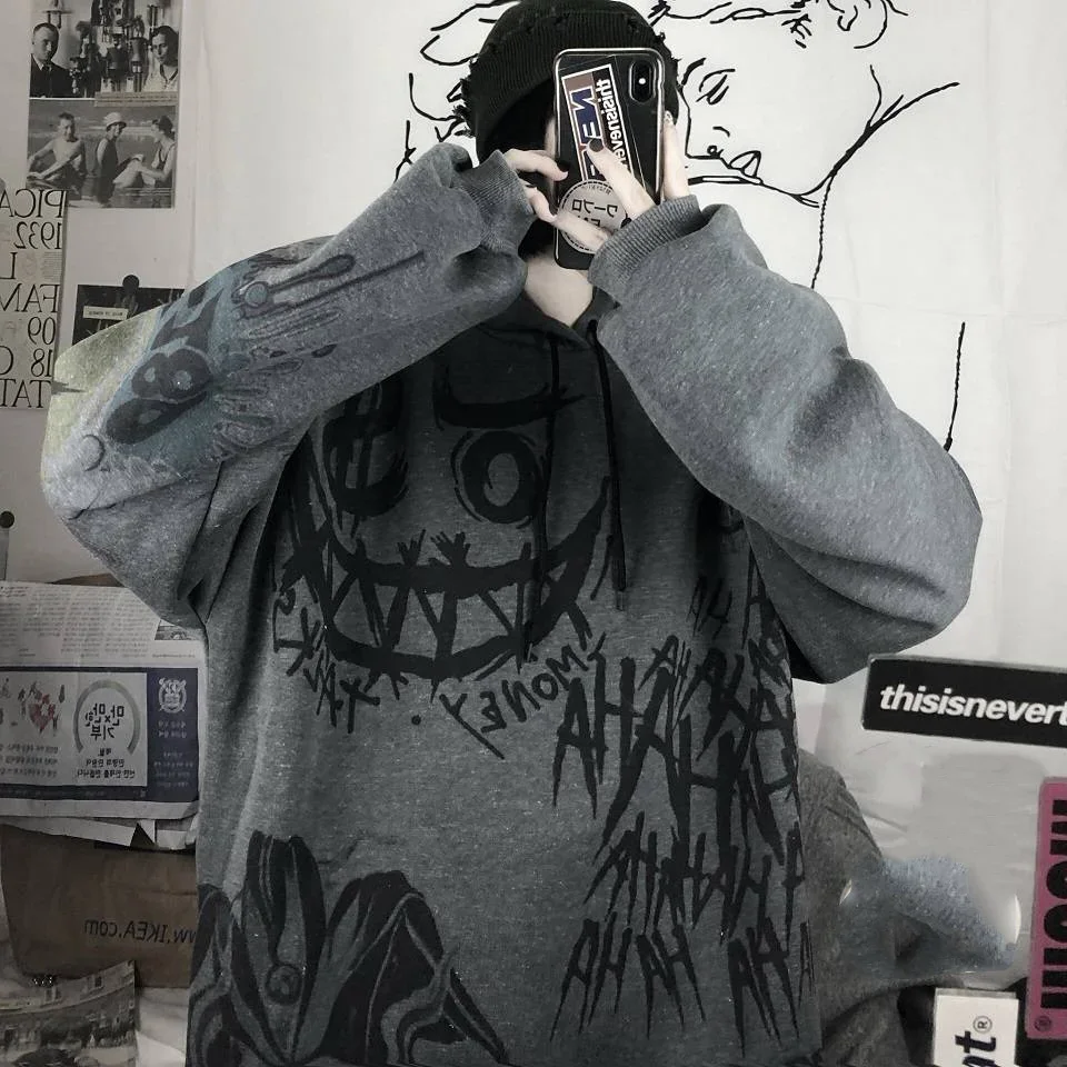 Sweats à capuche de dessin animé gothique pour femmes, sweat à capuche surdimensionné, manches longues, Hip Hop, japonais, punk drôle, PVD, automne