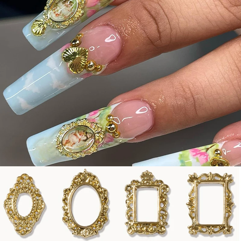 20Pcs Nail Art Frames Decorations Gold Mixed Shapes Retro Hollow Alloy Nail Charms For Gem Stones Manicure Nail Supplies