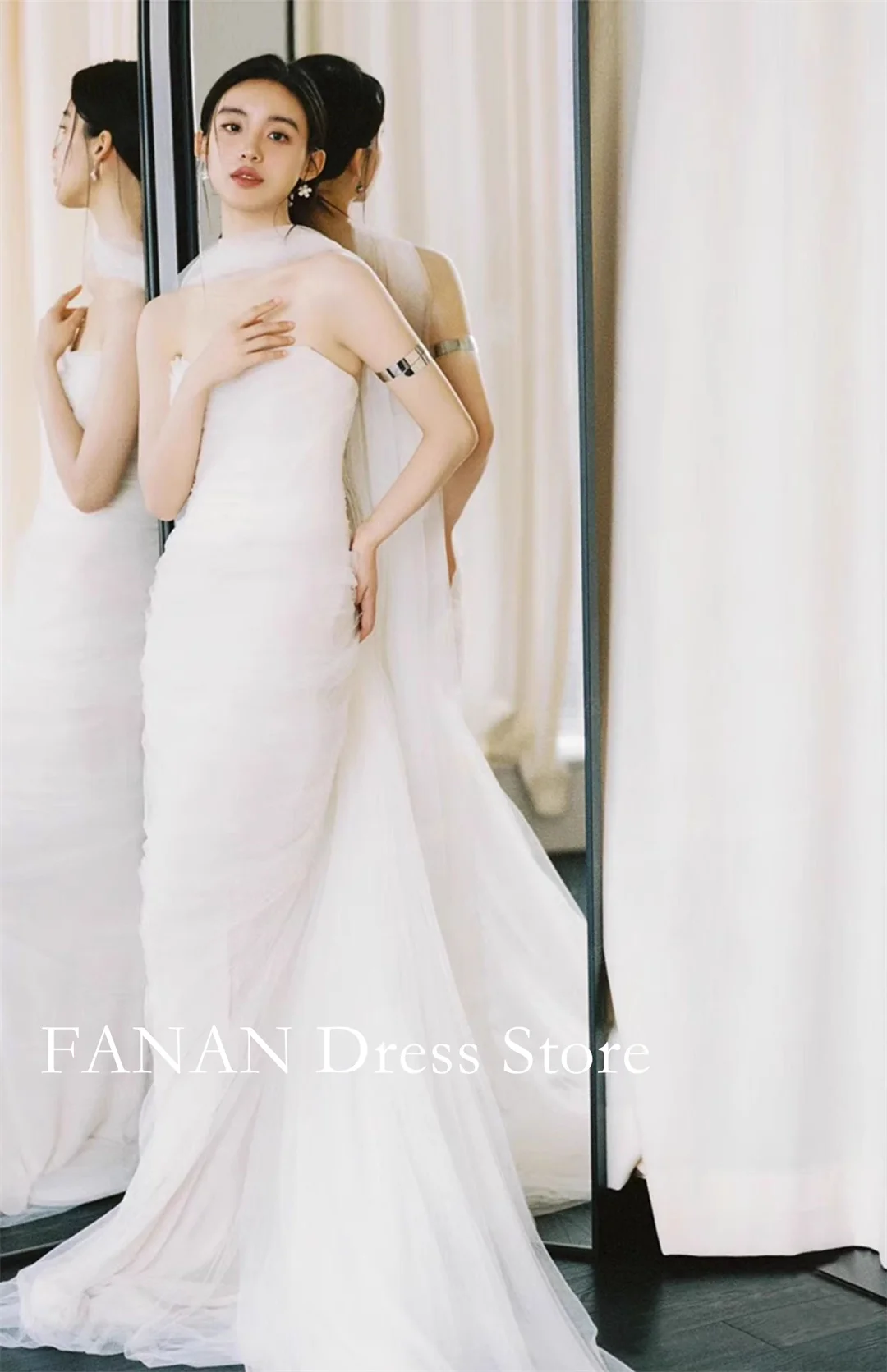 FANAN Customized Korean Strapless Ivory Tulle Wedding Dress Elegant Mermaid Sleeveless Classic Bride Dresses Bridal Gowns