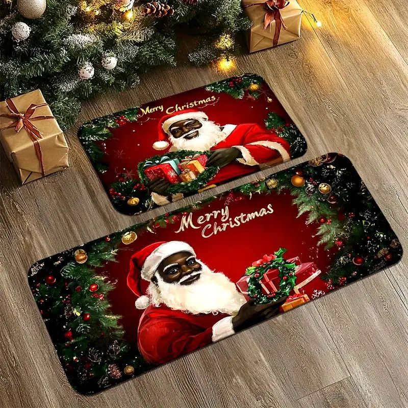 VIKAMA 1/2Pcs Merry Christmas Black Santa Doormat Non‑Slip Kitchen Floor Rug Indoor Entrance Holiday Home Foot Mat Decor