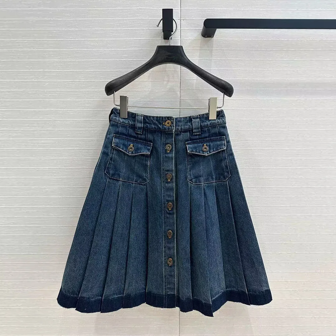 New Spring Fashion Blue Denim Pleated Midi Skirts Womens Single Breasted High Waist Streetwear Big Bottom Loose Sweet Skirt