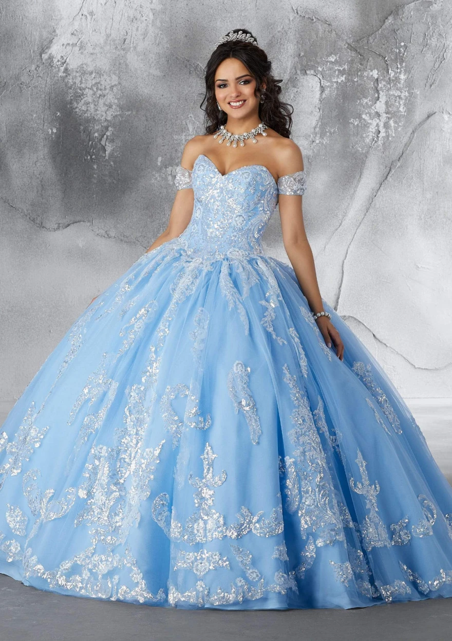 

Lorencia Ball Gown Sky Blue Quinceanera Dress 2024 Sweetheart Appliques Lace Beading Vestidos De 15 Años Sweet 16 Dress YQD111