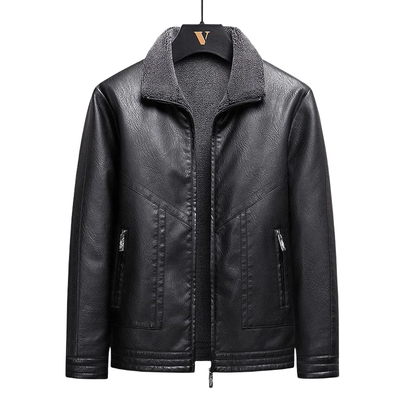 Plus Size Youth Zipper Casual Lapel Straight Hem Black Winter Leather Coat