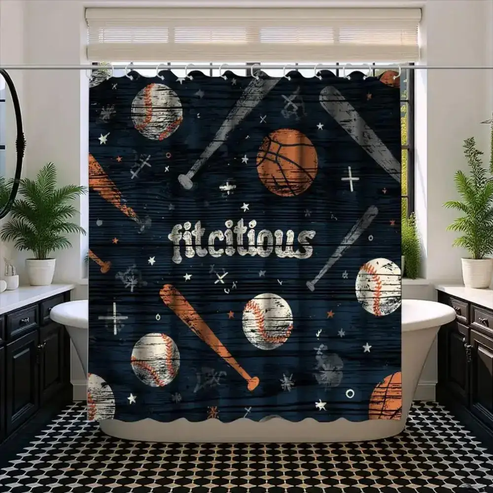 

Занавеска для душа в спортивном стиле - с узорами бейсбола и баскетбола, винтажный дизайн с изображением летучей мыши, водонепроницаемый декор для ванной комнаты для мальчиков