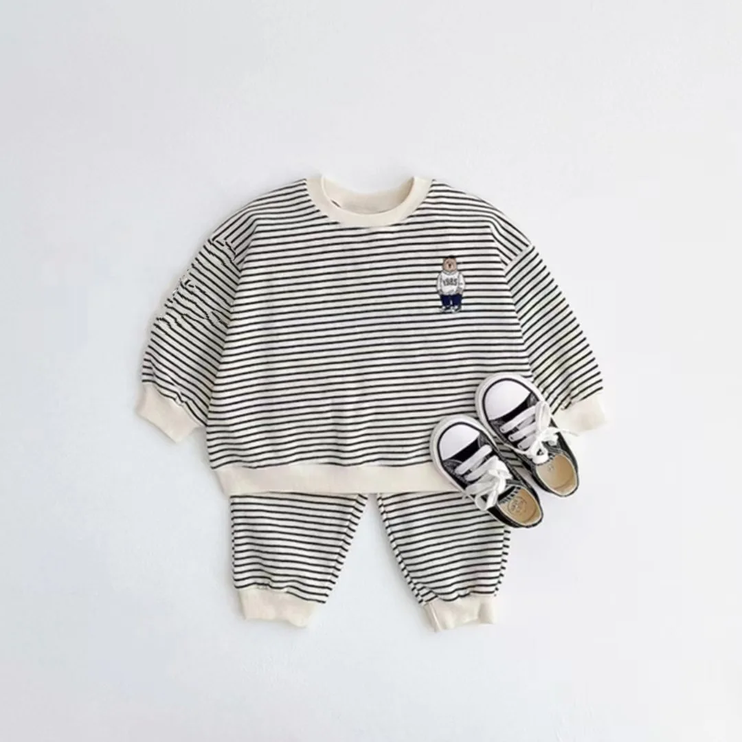 2024 New Children Clothes Set Cotton Baby Long Sleeve Striped Sweatshirt + Pants 2pcs Suit Cute Bear Print Kids Casual Pullover