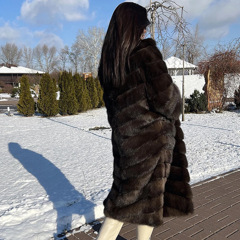 Mode Lange Echte Vossenbont Jas Donkere Sable Kleur Full Pelt Echt Vossenbont Jasje Met Revers Colla Winter Vrouw Dikke Bontoutwear