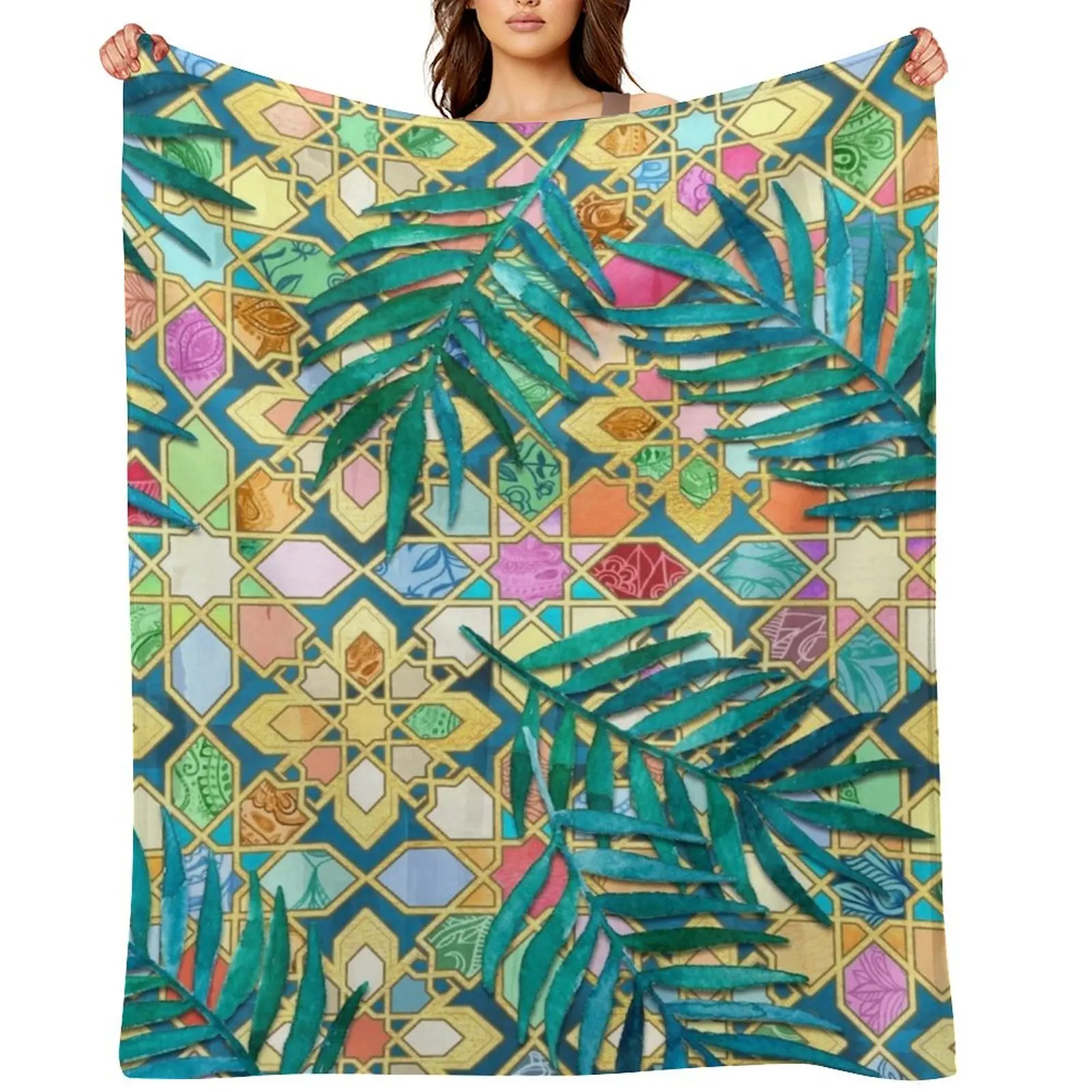 

Gilded Moroccan Mosaic Tiles with Palm Leaves Throw Blanket warm winter Shaggy Multi-Purpose Soft Plush Plaid Blankets