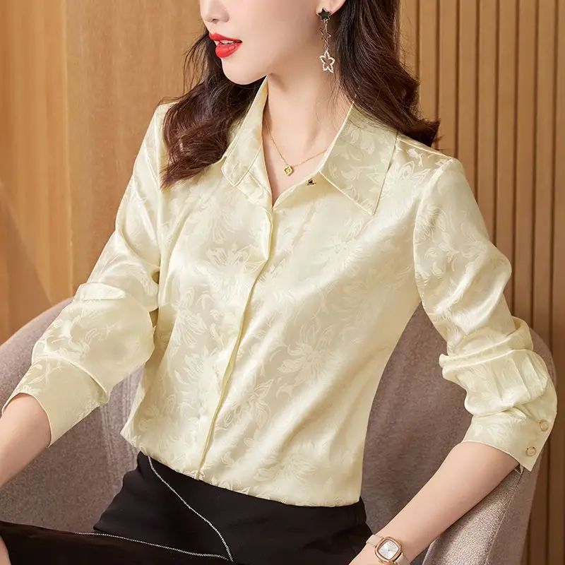 Satin Jacquard Shirt with Long Sleeves for Spring Autumn Women\'s Clothing Turn-down Collar Anti-wrinkle Patchwork Button Blouses