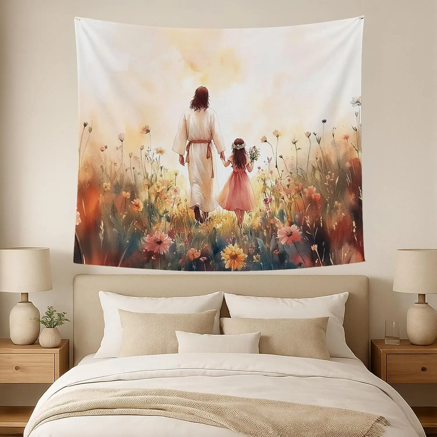 Aesthetic Faith Scenery Tapestry, Warm Sunlight Floral Meadow Watercolor Wall Cloth, Serene Backdrop For Bedroom Dorm Home