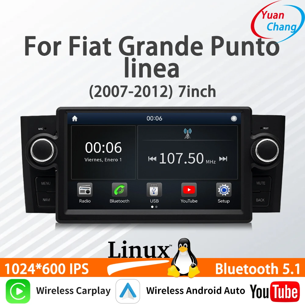 Para Fiat Grande Punto Linea, Radio de Auto con Sistema Linux de 7 Pulgadas, CarPlay Inalámbrico, Android Auto, FM, DSP, Bluetooth, Reproductor Multimedia