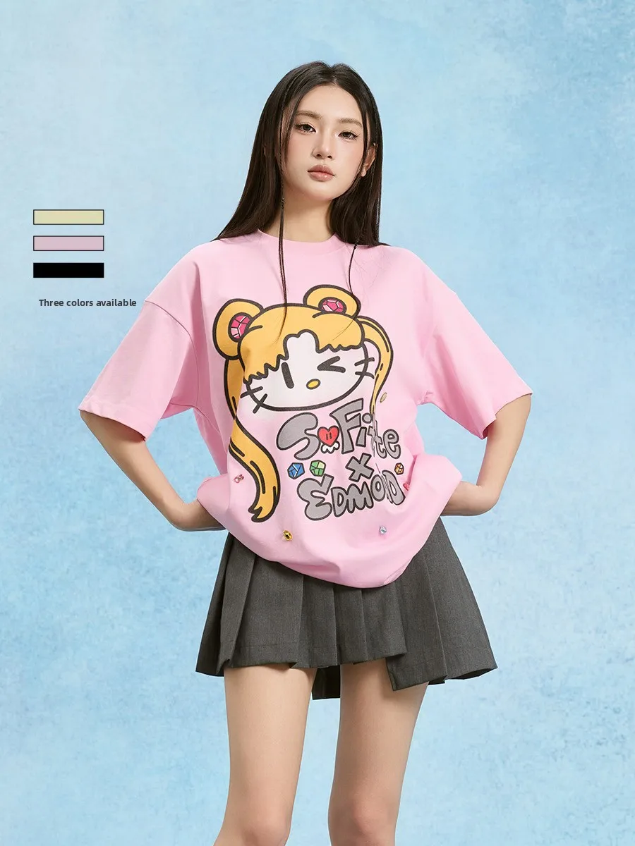 

SOFITTE Dopane Collaboration Artist Printed Rhinestone ort Sve T-irt ex Casual Cotton round Ne Top