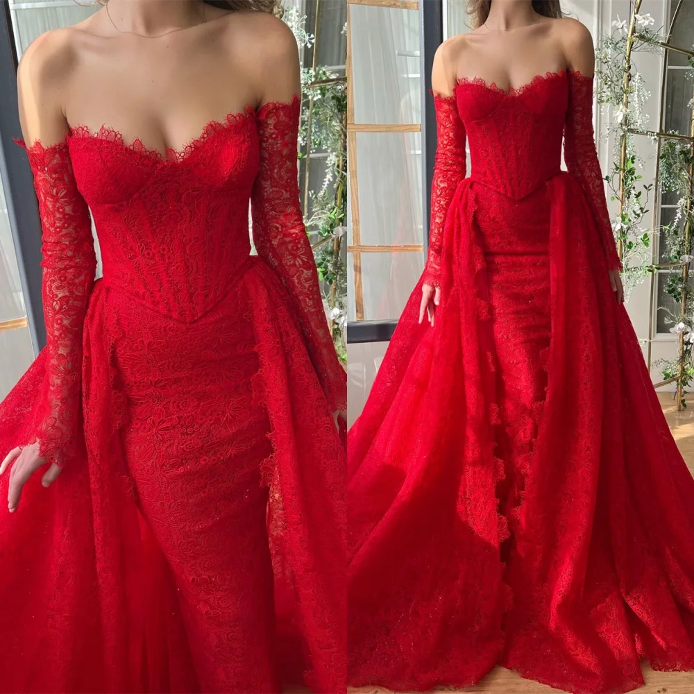 

Customized Classic Red Lace Evening Dress Exquisite Strapless Long Sleeves Celebrity Gowns Luxury Special Occasion Gowns