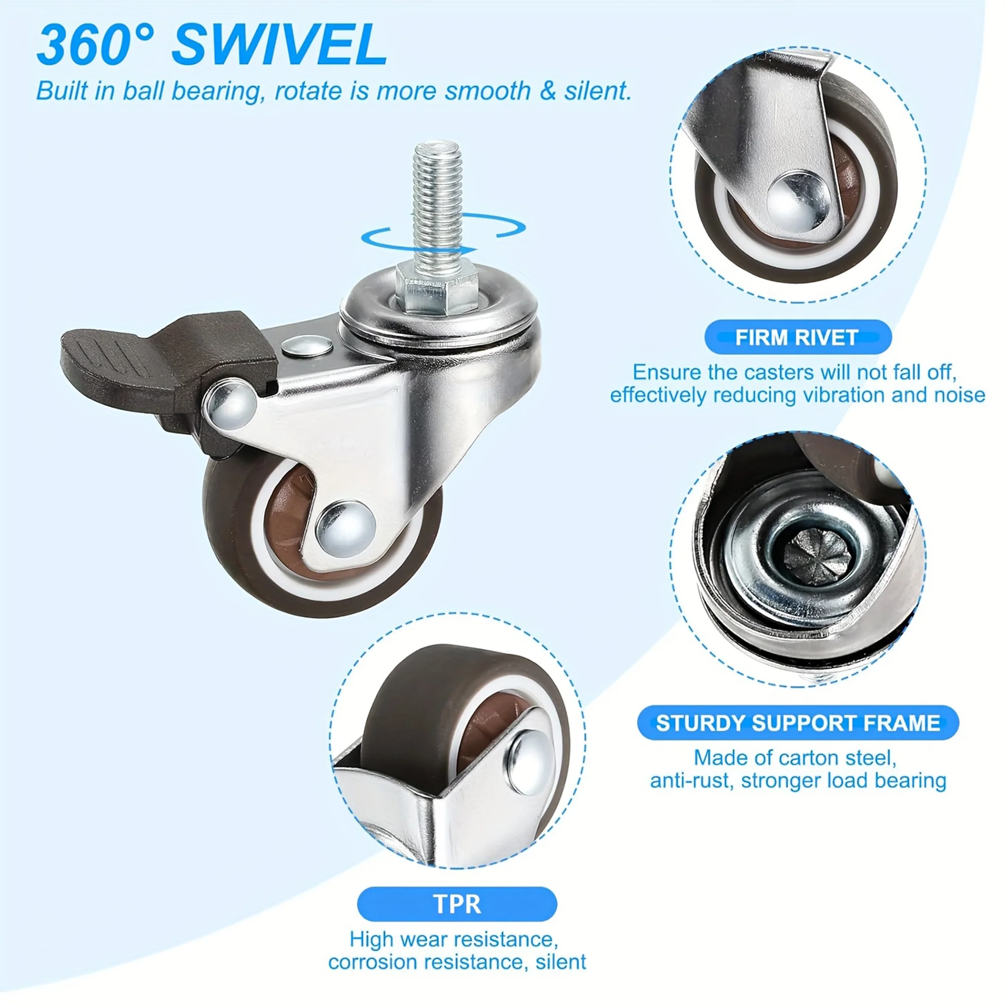 Stem Caster Wheels Furniture Castor Wheels TPR Screw Rod Wheels Swivel Cartwheels for Carts Furniture Trolley 1/1.25/1.5/2 inch